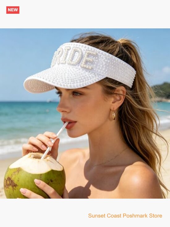 Pearl Embellished Shiny White Visor Hat for Bachelorette Party main image 4